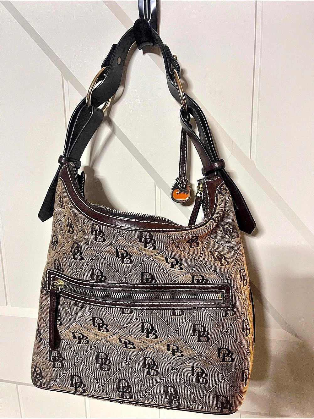 Dooney & Bourke Signature Jacquard Quilted Hobo Shoulder Bag Brown & Black